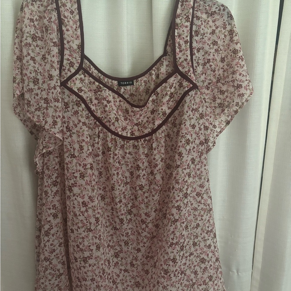Torrid Pink Floral Blouse with Black Trim